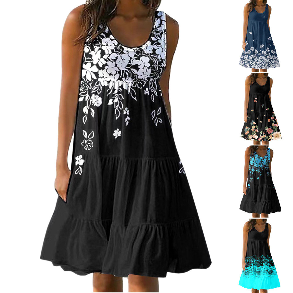 2023 Summer European and American Amazon TEMU Independent Station Cross-border New Women's Printed Pleated Vest Dress
