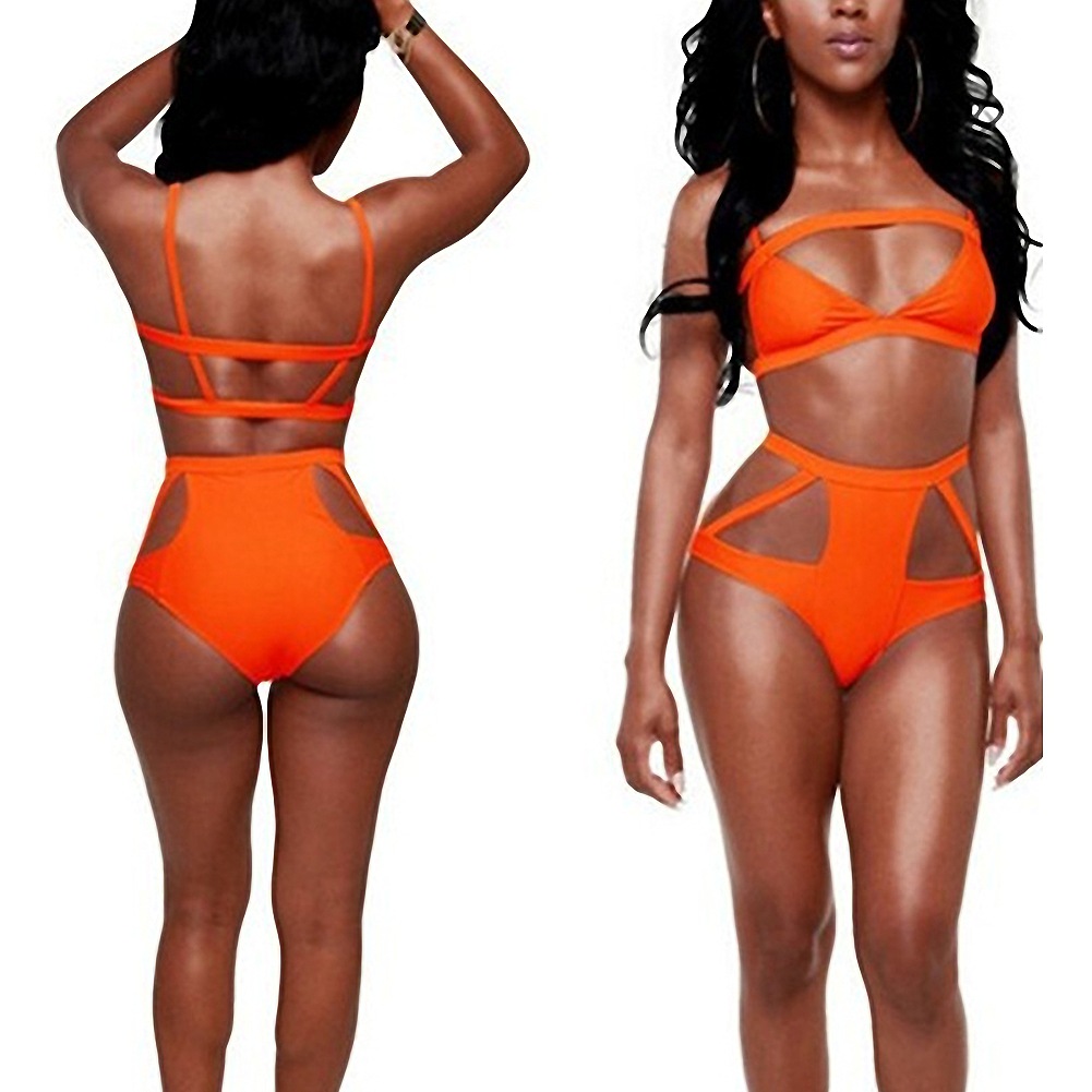 European and American Popular Multi-Rope Orange Swimsuit Wholesale Foreign Trade Split Sexy Hollow Strap High Waist Bikini Swimsuit Factory
