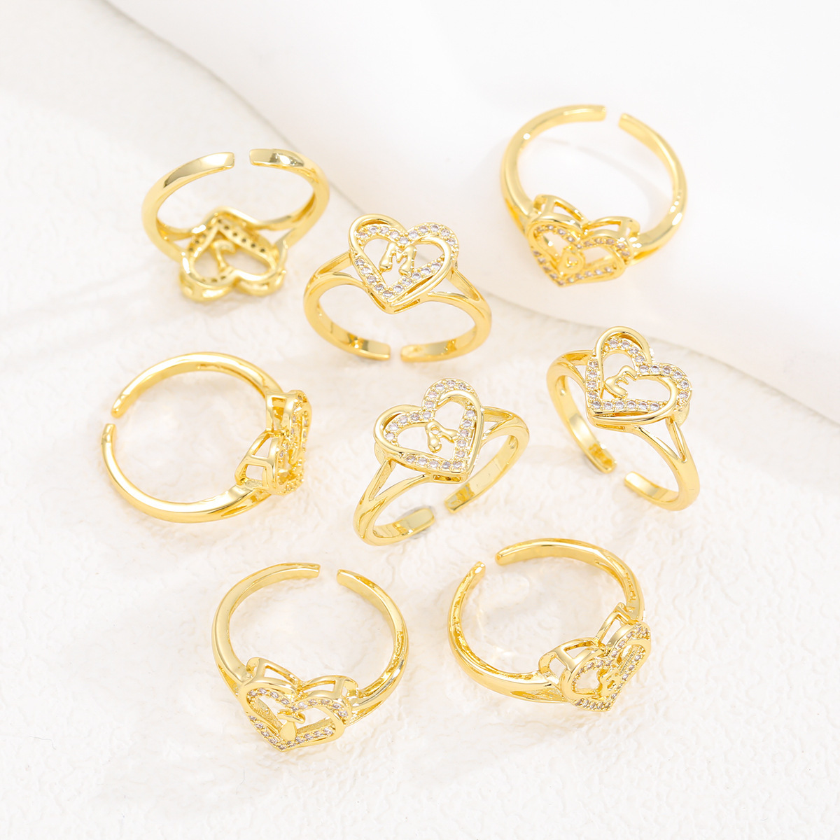 Cross-Border Xiyin Hot-Selling Gold Heart-Shaped 26-Letter English Alphabet Open Heart Fashion Women's Ring