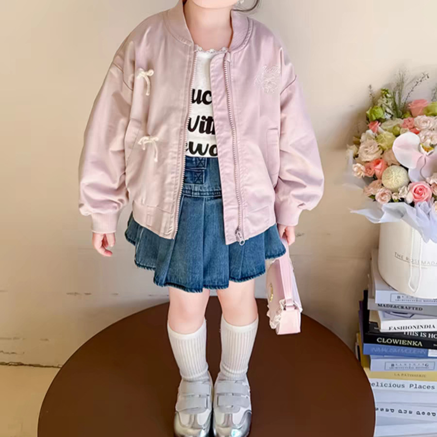 Spring and Autumn Girls' Clothing Jacket, Stylish Children's Trendy Korean-Style Bowknot Jacket, Baseball Jacket