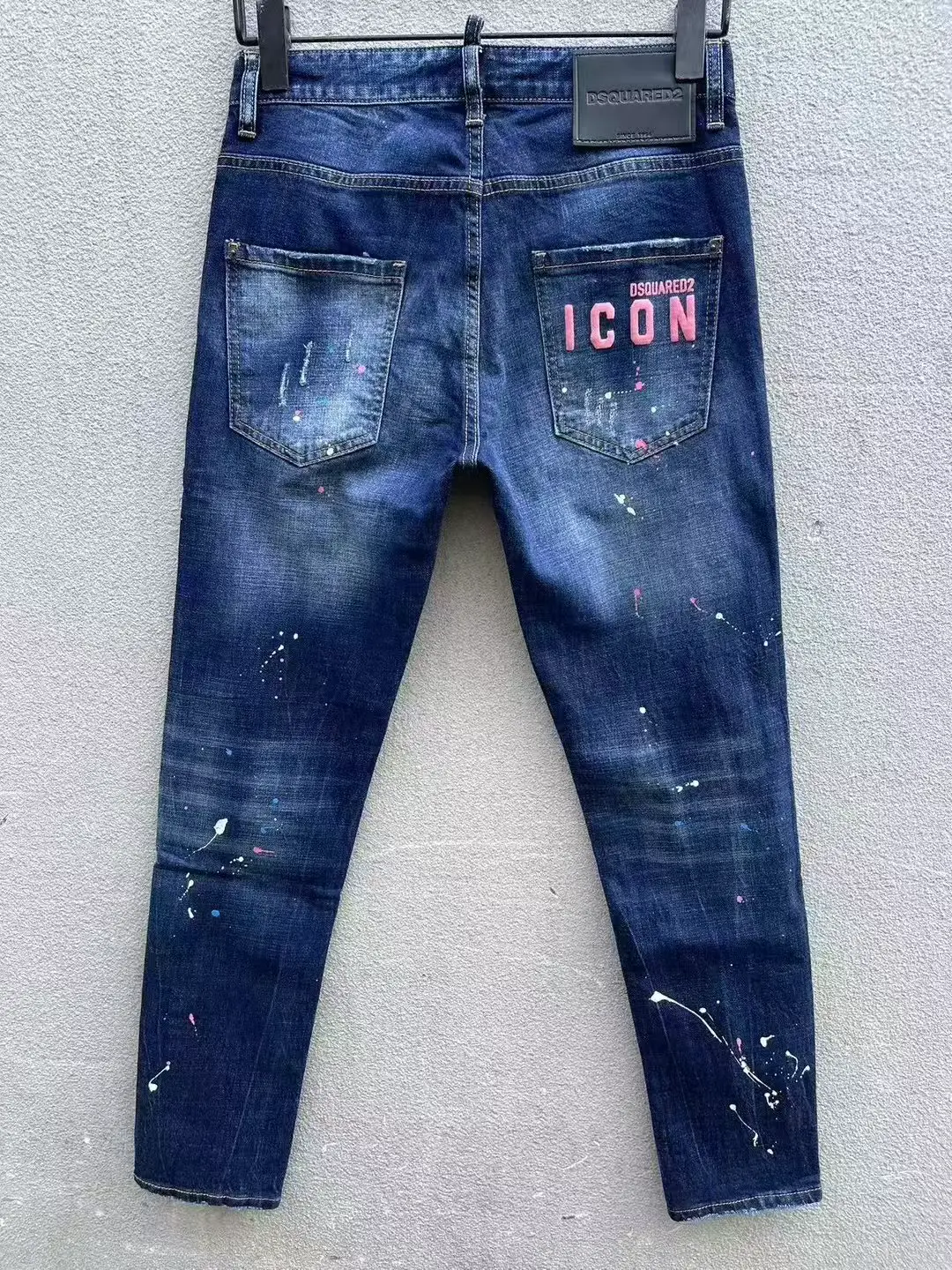 2025 Spring/Summer New Arrival D2 Trendy Men's Washed Ripped Patch Splash Ink Silm Blue Denim Men's Print