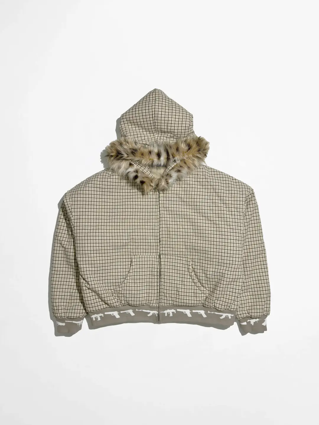Roman Kaiser 25FW Thousand Bird plaid leopard print cotton jacket with gun collar and plaid fur collar, detachable jacket