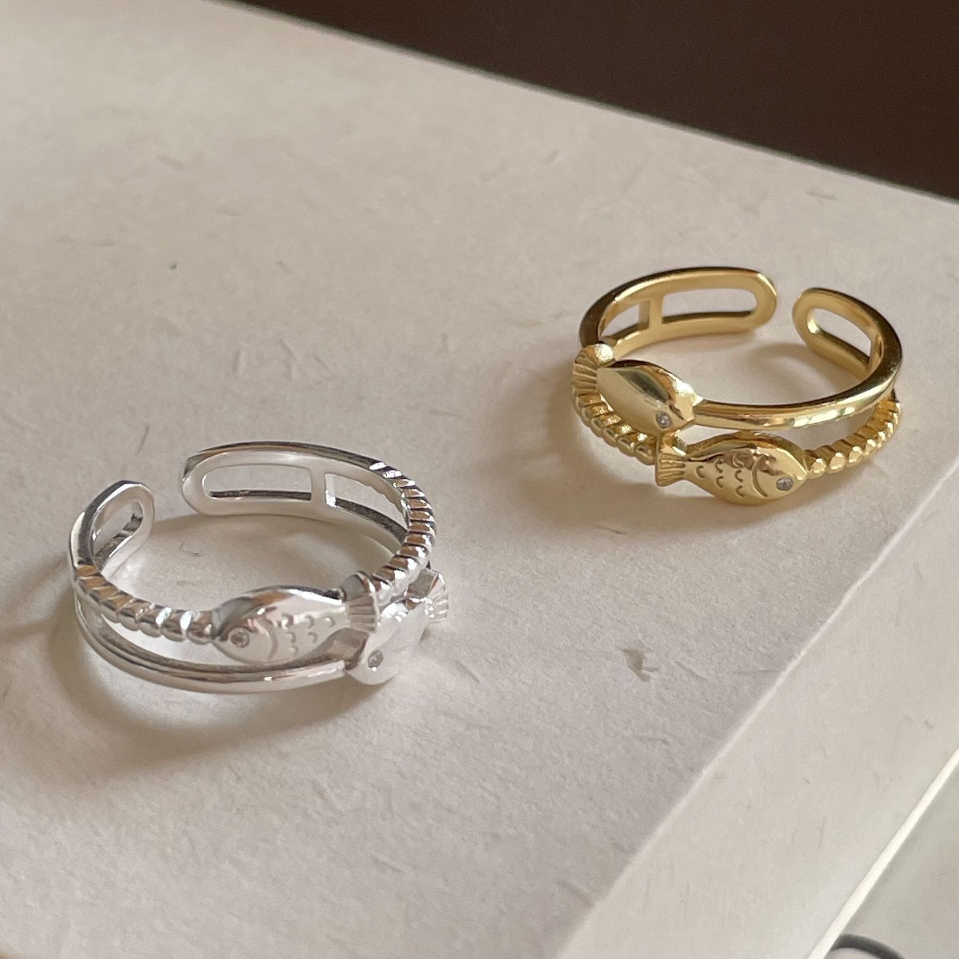 2026 Japanese and Korean Double-Layer Micro-Inlaid Diamond Fish Ring, Simple and Trendy on Xiaohongshu and Ins, Niche Hollow Open Ring