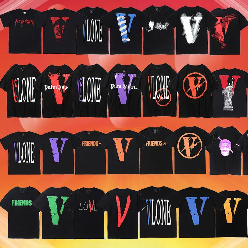 Vlone Short-Sleeved Star Same Style Oversize T-Shirt for Men and Women Couple Wear Smoke Letter Printing Big V Loose Summer
