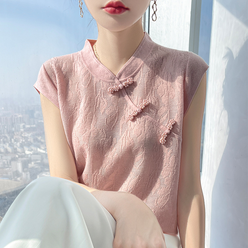 2026 Summer New Style New Chinese Style Stand Collar Mulberry Silk Short-Sleeve T-Shirt for Women Retro Buttoned Thin Top