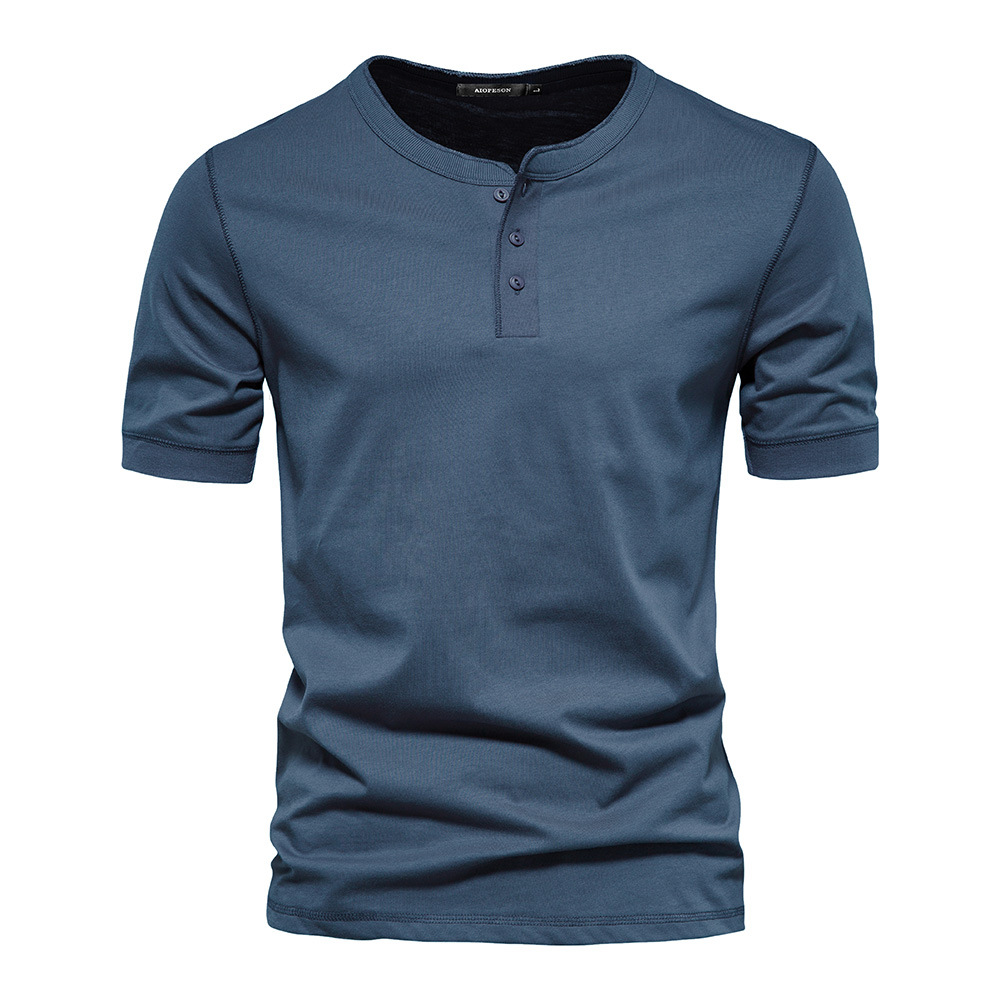 Cross-Border Clothing Men's Henley Round Neck Short-Sleeve T-Shirt Men's Slim Fit Solid Color Sports Base Shirt Pure Cotton Inner Wear