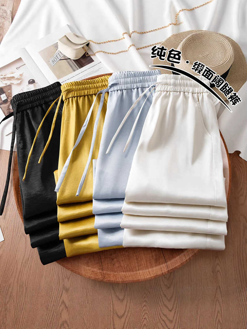 Imitation Acetate Satin Printed Wide-Leg Pants for Women, Summer Thin Sun Protection Pants, Drapey Elastic Chinese Style Cool Straight Pants