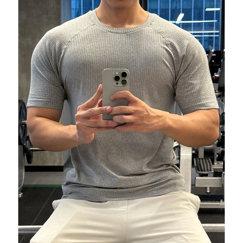 Foreign Trade Jacquard Texture Quick-Dry Short-Sleeve Men's Summer Sweat-Absorbent Stretchy T-Shirt for Running and Cycling, Breathable and Sun-Protective Half-Sleeve T-Shirt
