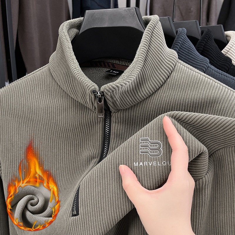 Half-Zipper Vertical Collar fleece-lined Thickened Sweater Men's Long-Sleeved Autumn and Winter Base Shirt Warm T-Shirt Inner Jacket Coat