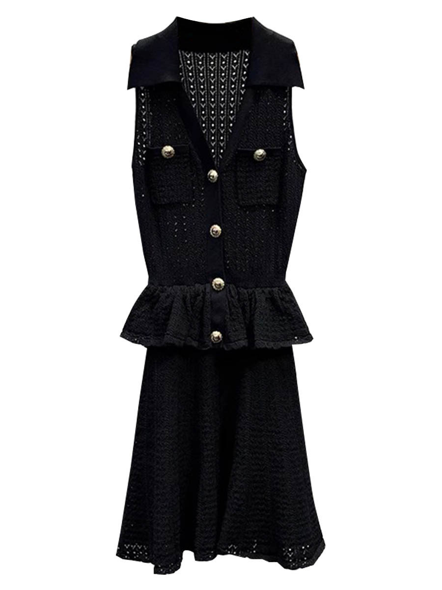 Sp202 New Summer Lapel Sleeveless Knitted Dress Ruffled Lapel Small Fragrant Style Short Little Black Dress