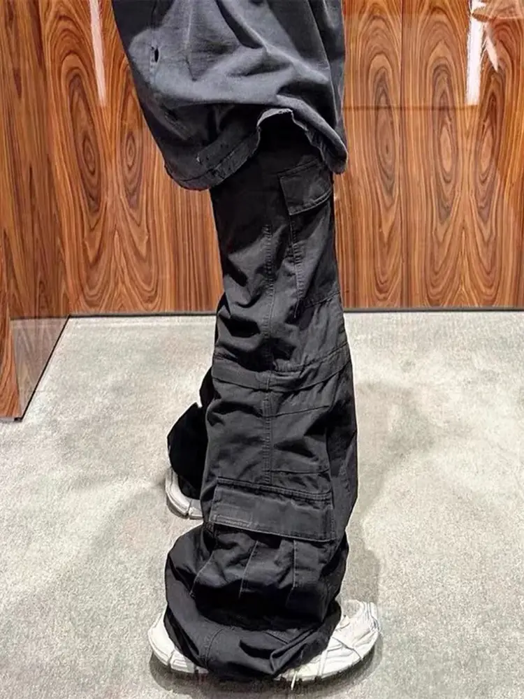 American Style High Street Trendy Flared Cargo Style Wide Leg Pants Flare Multi-Pocket Zipper Detachable Cargo Pants