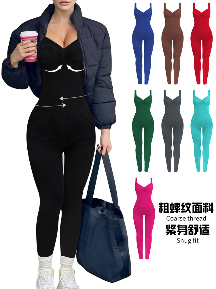 V-Neck Backless Threaded Jumpsuit Women's Fixed Double Shoulder Strap Sports Shaping Jumpsuit Seamless Hip Lifting Yoga Suit