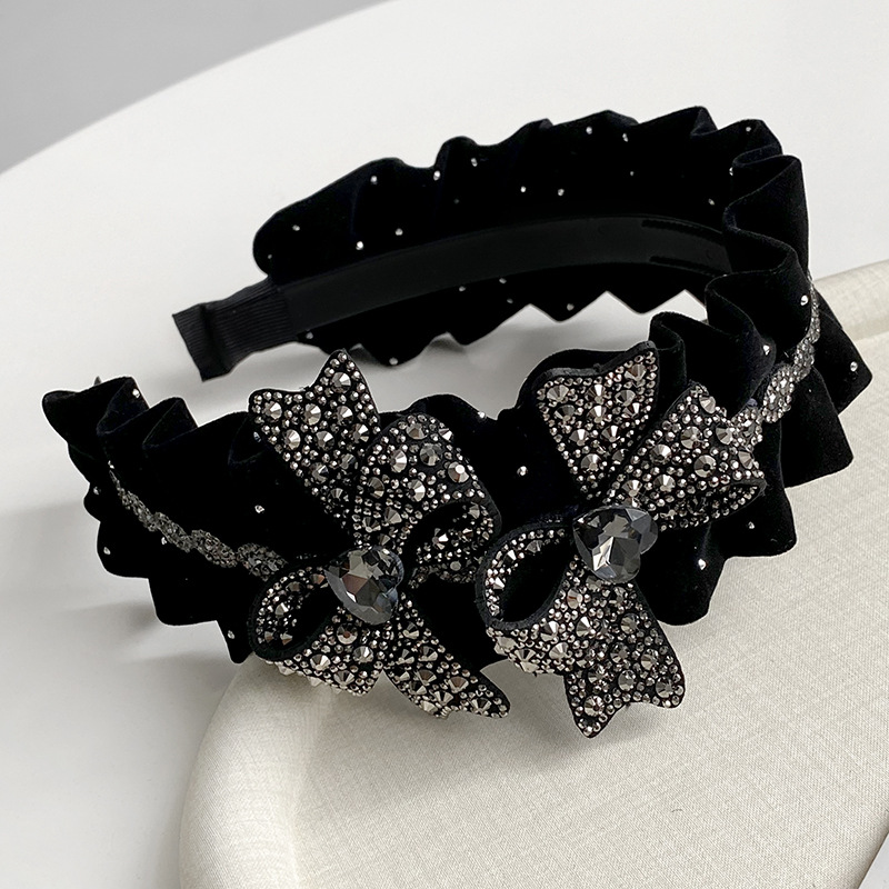 Diamond-Encrusted Pleated Velvet Fabric Bow Headband French Elegant Elegant Headband Fashionable High Skull Hair Bundle Headband