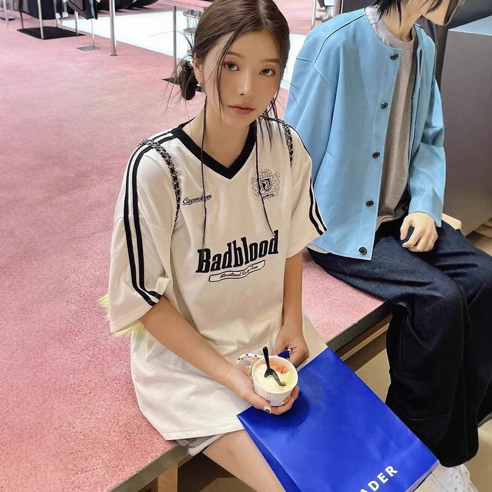 Korean Badblood Bcac Series Loose Jersey T-Shirt Women's Summer V Neck Short-Sleeved Preppy Style American Top