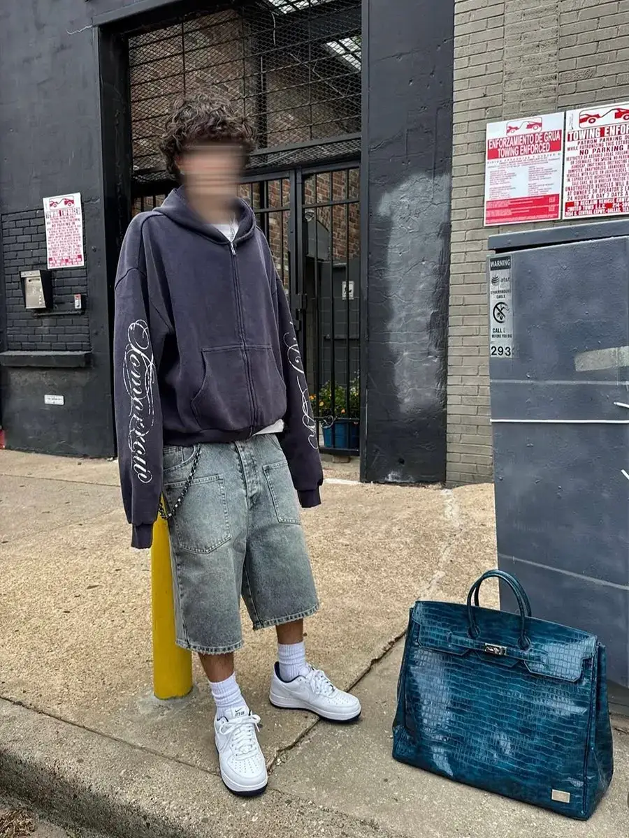 From the Street Comes from the Streetwear Brand French Worker, Featuring a Blue Waffle Knit, Washed and Distressed Print Cardigan Hoodie