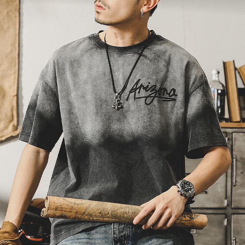 Jay Leno American Retro Short-sleeved T-shirt Men's Summer Gradient Tie-Dye Old Skin-friendly Cotton Heavy-weight Clothes Half-sleeved