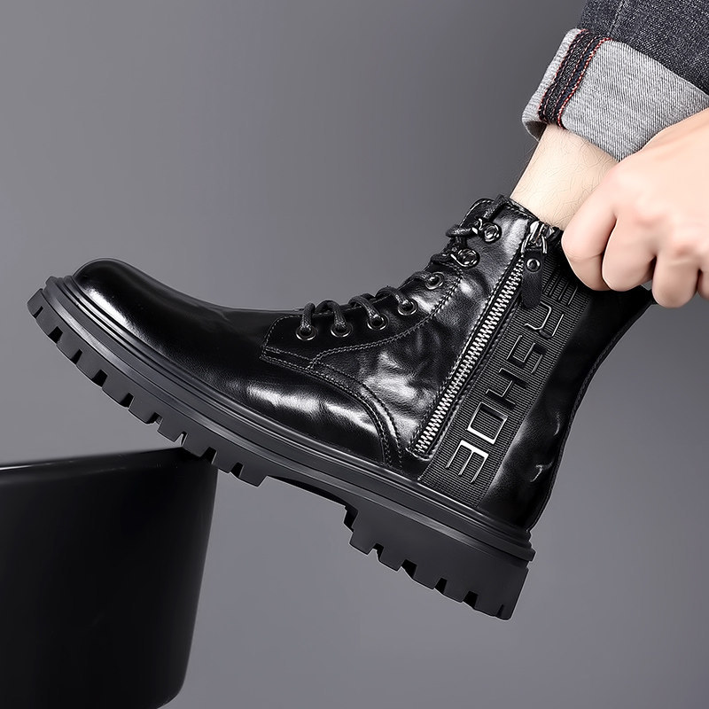 Martin Boots Men's British Style High-Top Leather Boots Winter Men's Boots Mid-Top Leather Shoes Black Chelsea Short Boots