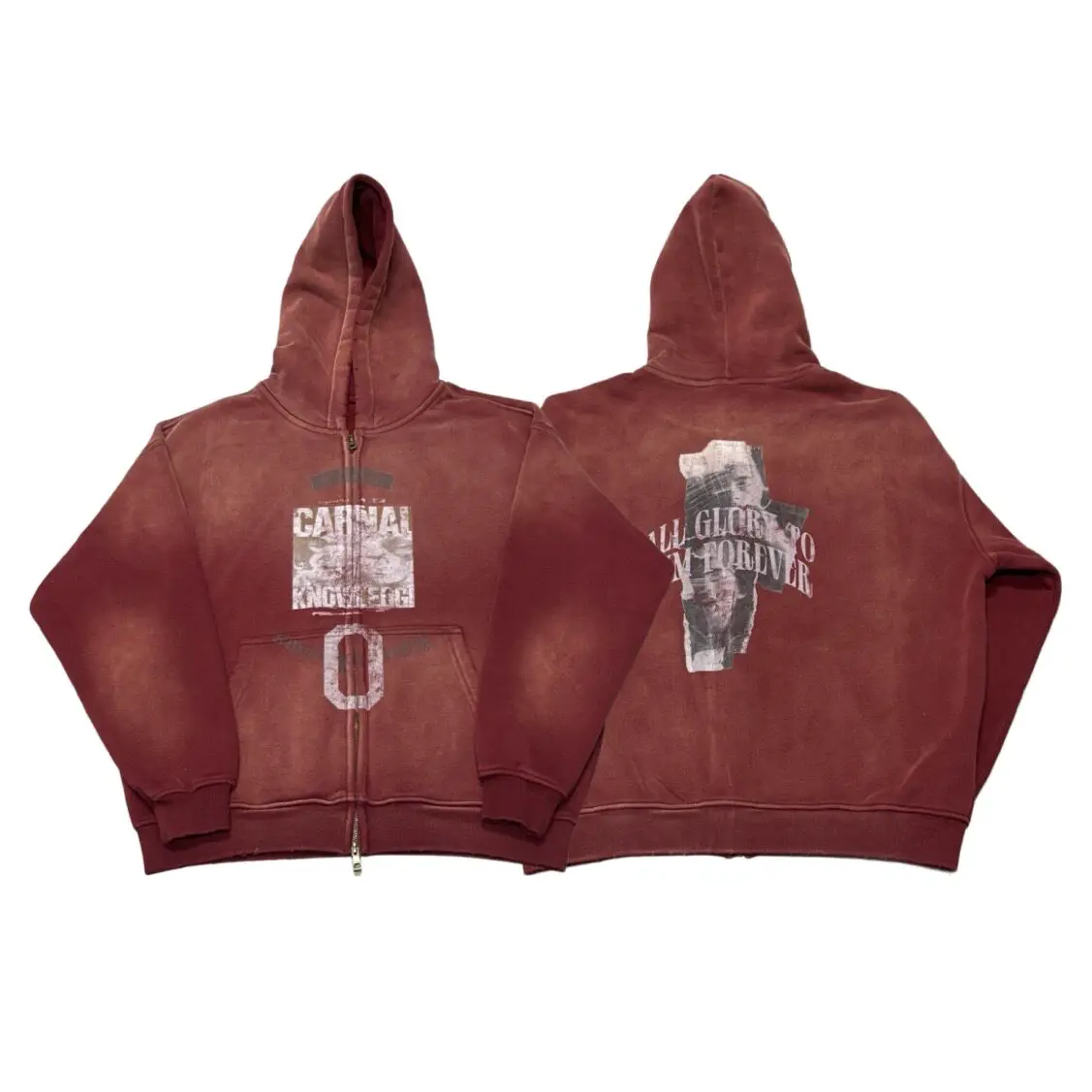 Heavenknows New Vintage Maroon Faded Fleece-Lined Zip-Up Printed Hoodie