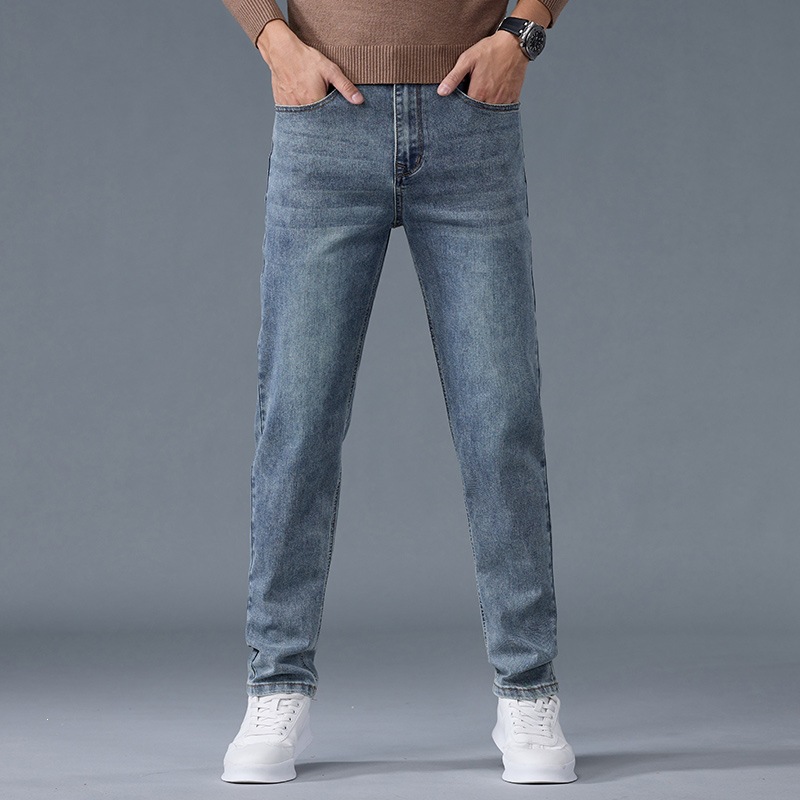Versatile Simple Slim-Fit Straight-Leg Stretch Denim Jeans for Men Trendy Brand Casual Pants for Men
