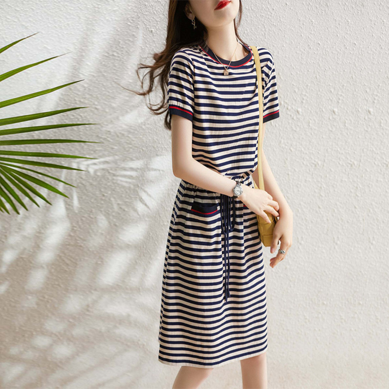 Striped Casual Dress Women's Summer New Cotton Crewneck Mid-length Tight Waist Lace-up Slimming Short-sleeved T-shirt Dress