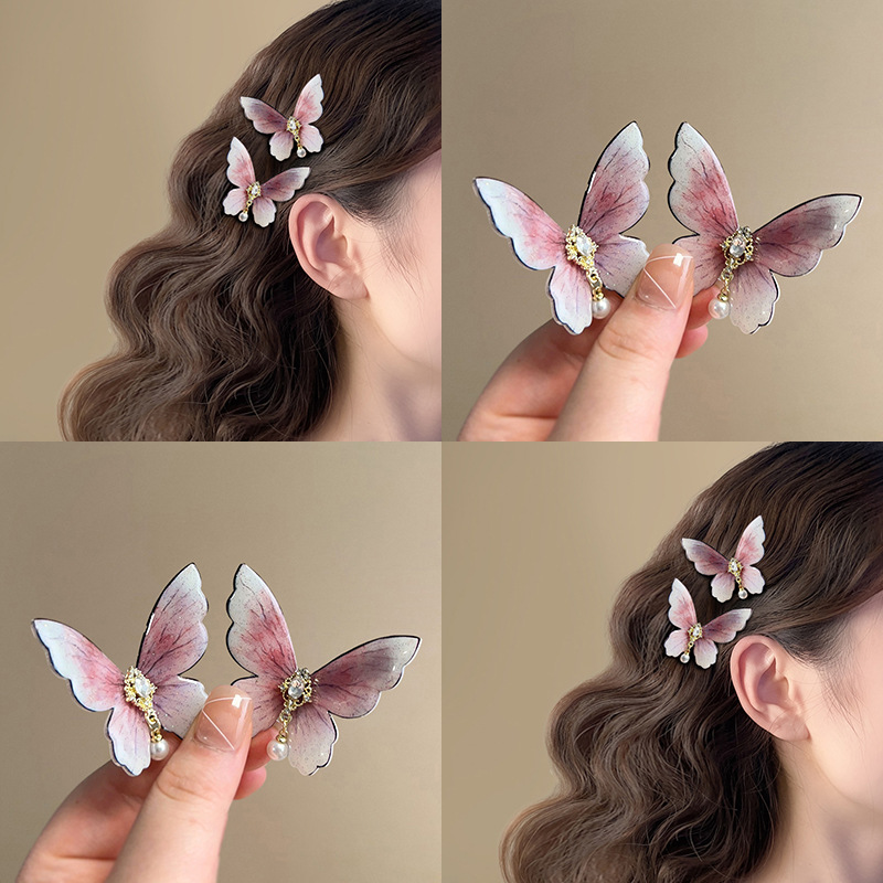Super Fairy Pink Diamond Pearl Butterfly Duckbill Clip Sweet Fashion Bangs Side Hairpin Girly Heart New Hair Accessories
