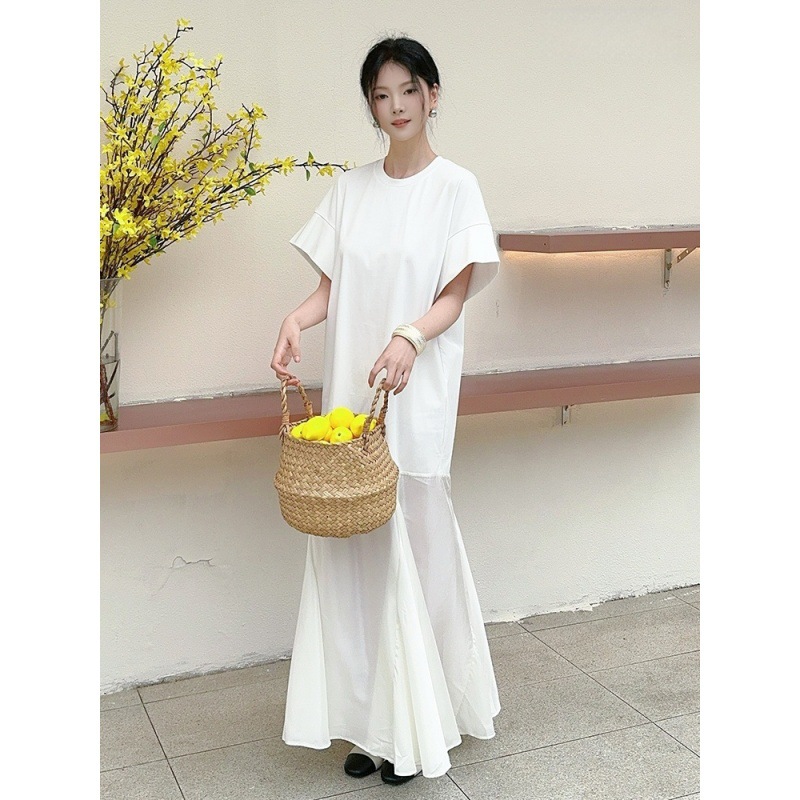 Longmei Loose-Fitting Flared Patchwork Fishtail Long Dress 2026 Spring/Summer New Vkc Style Simple and Elegant Short-Sleeved Dress