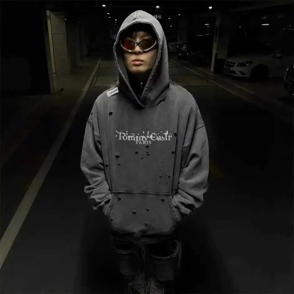 24ss新款秋冬标语刺绣做旧破坏水洗破洞男女高街休闲宽松连帽卫衣