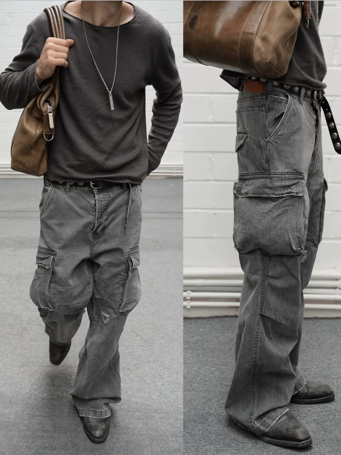 No Faith Studios Herringbone Twill Gray Ripped Patch Paint Commuter Multi-Pocket Cargo Pants