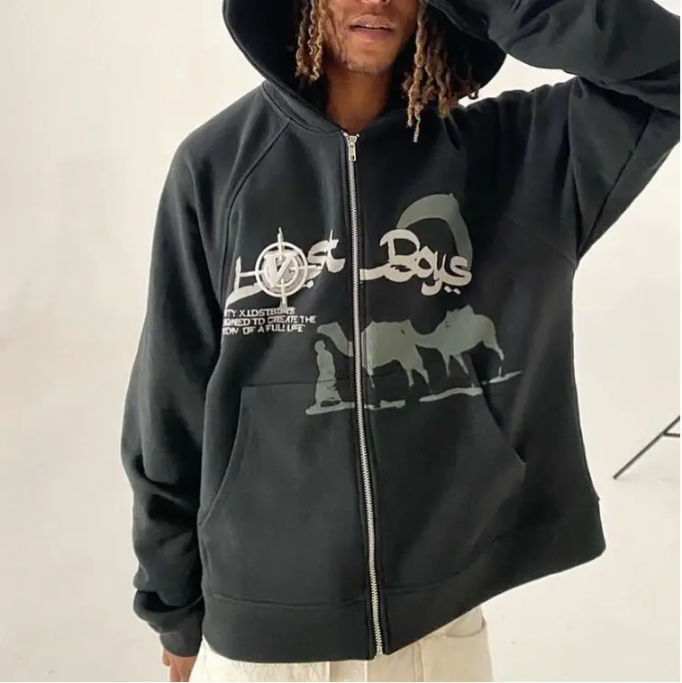European and American Retro ins Solid Color Japanese Style Cute Cartoon Print Loose Fleece-Lined Thickened Hooded Sweatshirt