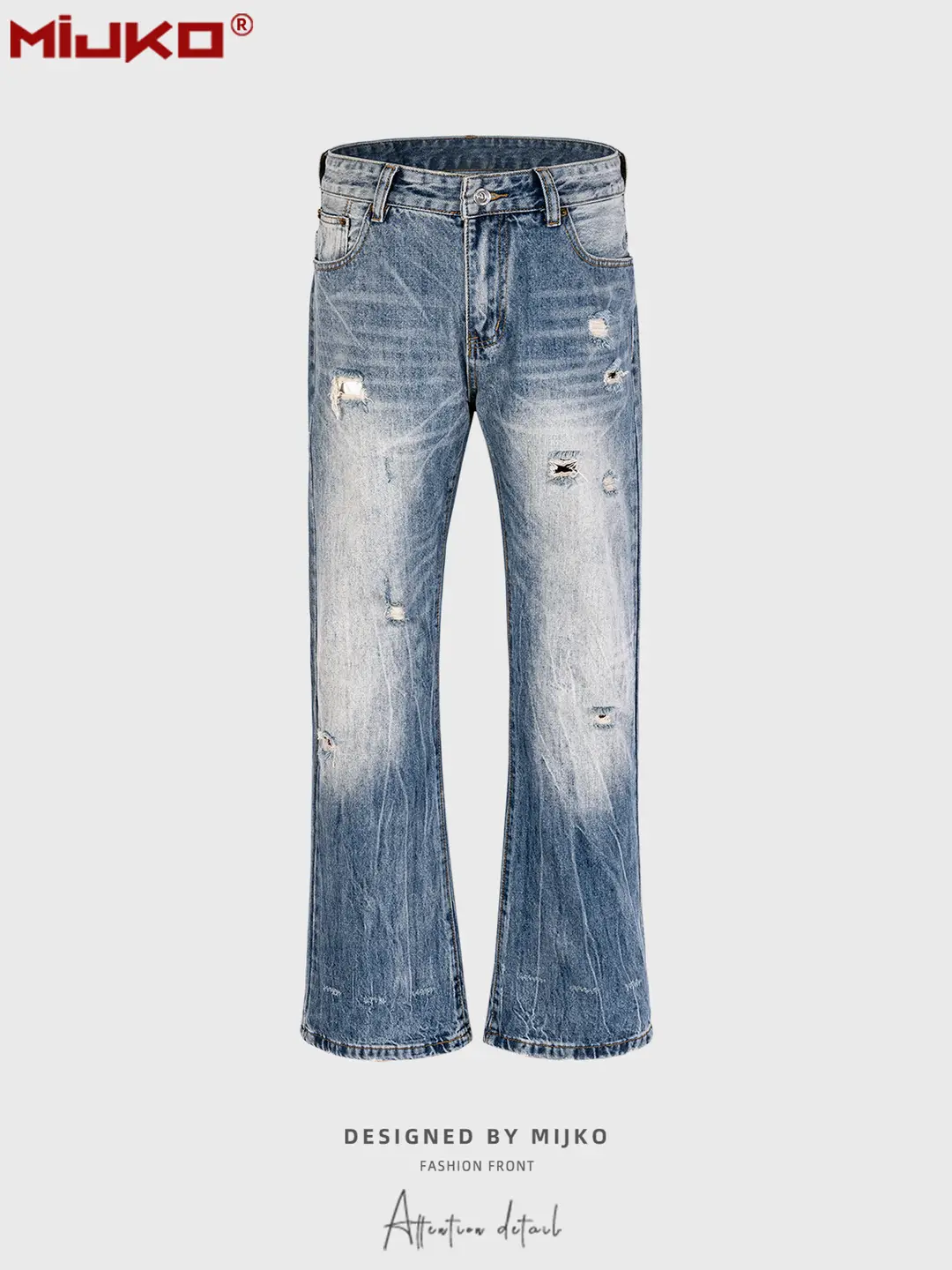 MIJKO men's wear women's cat beard ripped trousers skinny pants men's and women's same wide-leg ripped white and blue jeans