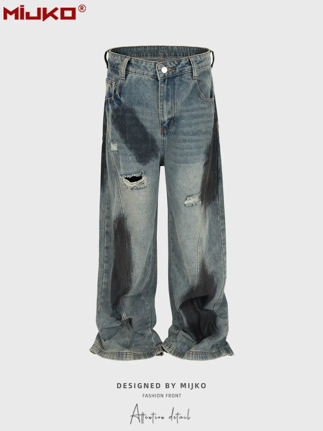 MIJKO Men's Women's Luckme Splash Ink Old Graffiti Straight Leg Wide Leg Jeans Unisex Destruction Pants