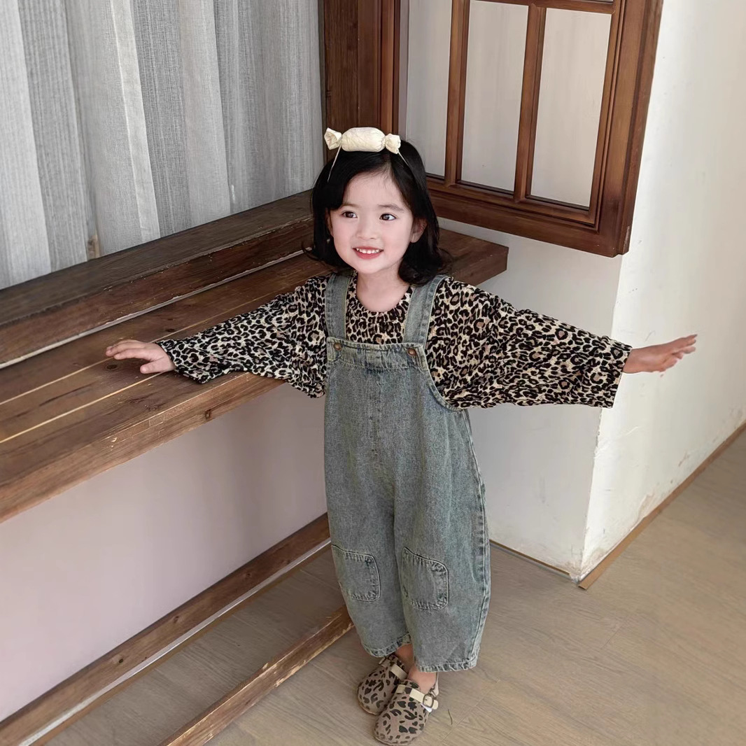 Spring and Autumn Women's Children's Wear Strappy Pants Baby Stylish Children's Distinctive Trendy Korean Style Fashionable Loose Retro Patch Jeans