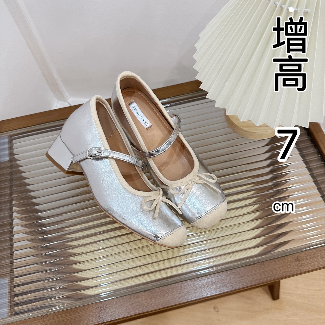 Colorblock Ballet Shoes Thick Heel Plus 7cm One-word Belt French Shallow Mouth silver Shoes Evening Style Elegant Women's High Heel