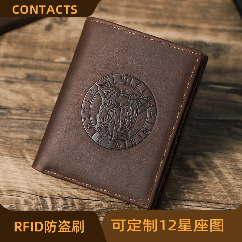 Black Angel Retro Crazy Horse Leather 70% off Rfid Anti-Theft Brush Multifunctional Genuine Leather Wallet Twelve Constellations Men's Wallet