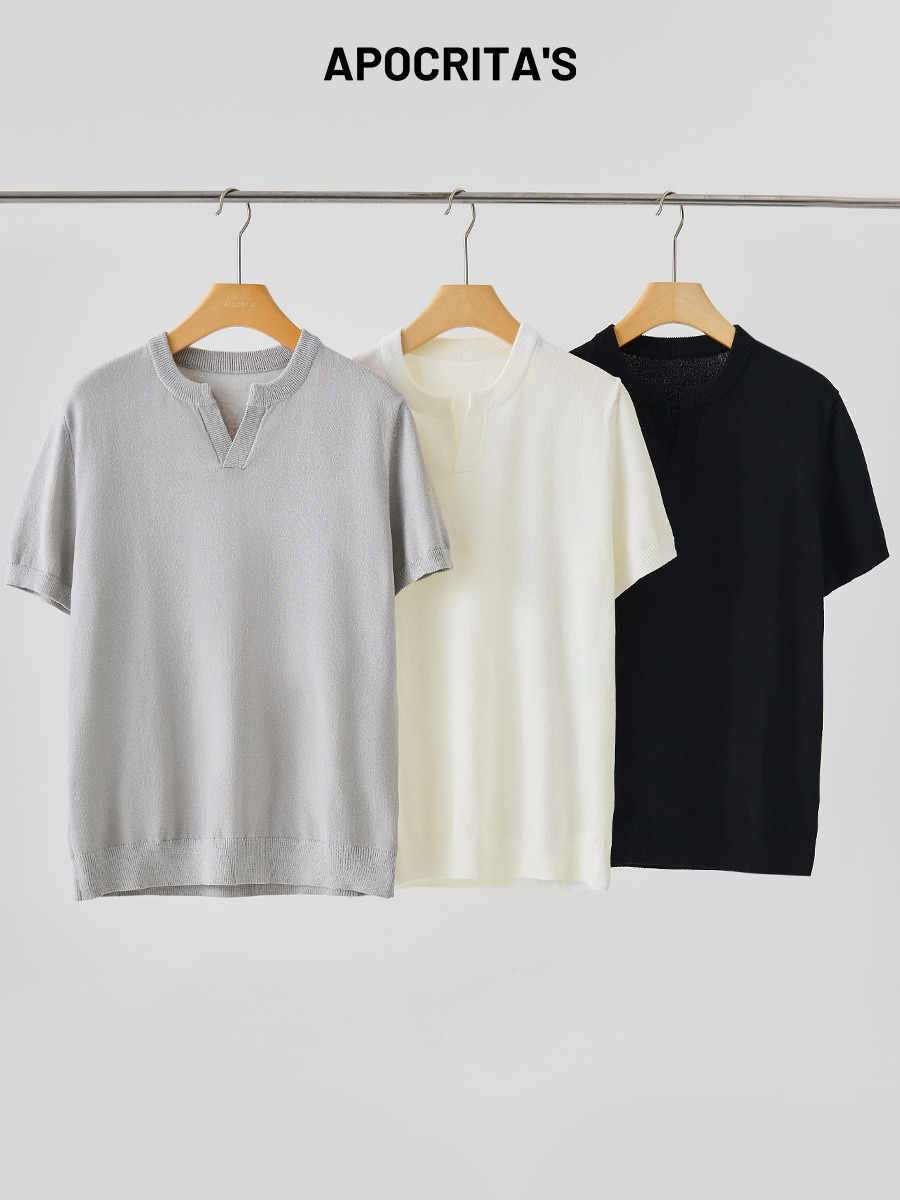 Apo Men's Clothing | Cross-Border V-Neck Short-Sleeved T-Shirt Knitwear for Men, Summer Old Money Style, Korean Style, Simple and Versatile Casual Top