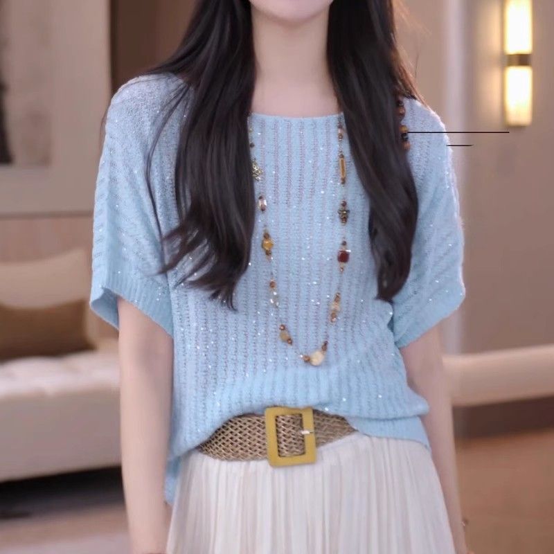 2025 New Summer Short-Sleeved T-Shirt Sequin Design Knitwear Breathable Loose Slimming Look Simple Top