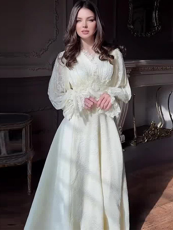 Amazon 2025 European and American Cross-Border Summer Elegant V Neck Waist Slimming Look Puff Sleeve Fairy Long-Sleeved Dress