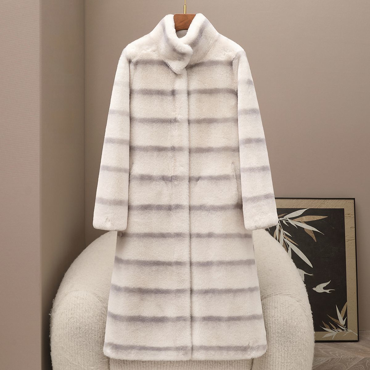Manufacturer's In-Stock 2026 Spring New Model Long Striped Stand-Collar Faux Mink Fur Coat for Women