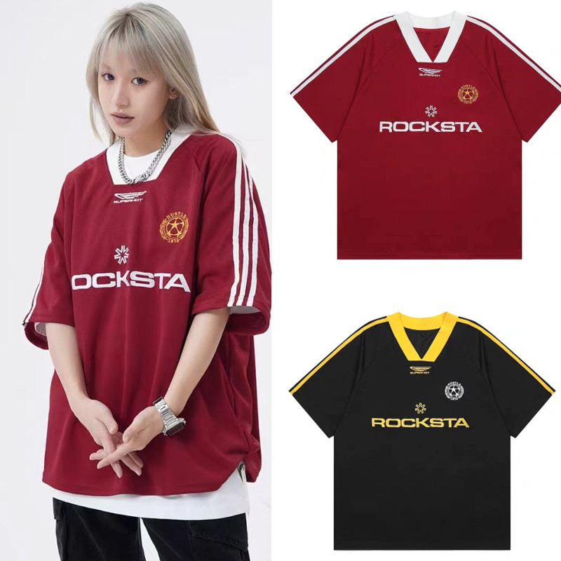 Foreign trade popular classic hiphop Jersey ins loose national fashion couple letter embroidery V-neck baseball short sleeve t-shirt