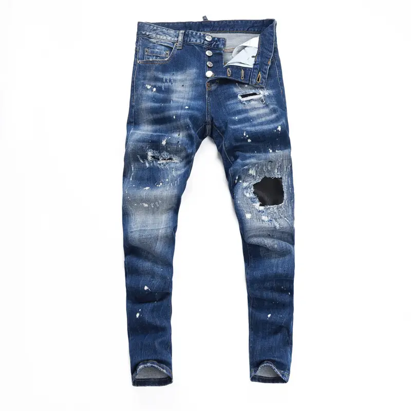 European and American High Street Fashion Men's Jeans Retro Blue Washed Ripped Leather Trendy Brand Stretch Slim Jeans for Men
