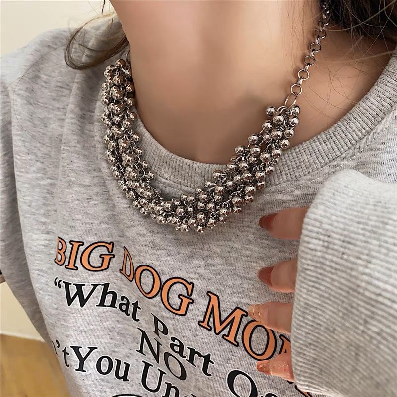 Wu Xiaoli same style niche design silver-plated metal ball necklace sea grape ball chain double-layer chain clavicle chain female