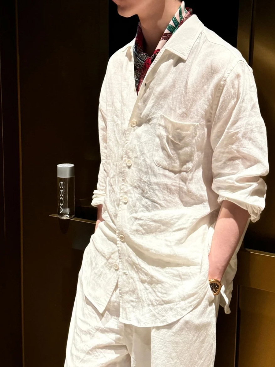 Old Money Style Linen Pure White Elegant Business Casual Men's and Women's Cleanfit Long-Sleeved Shirt
