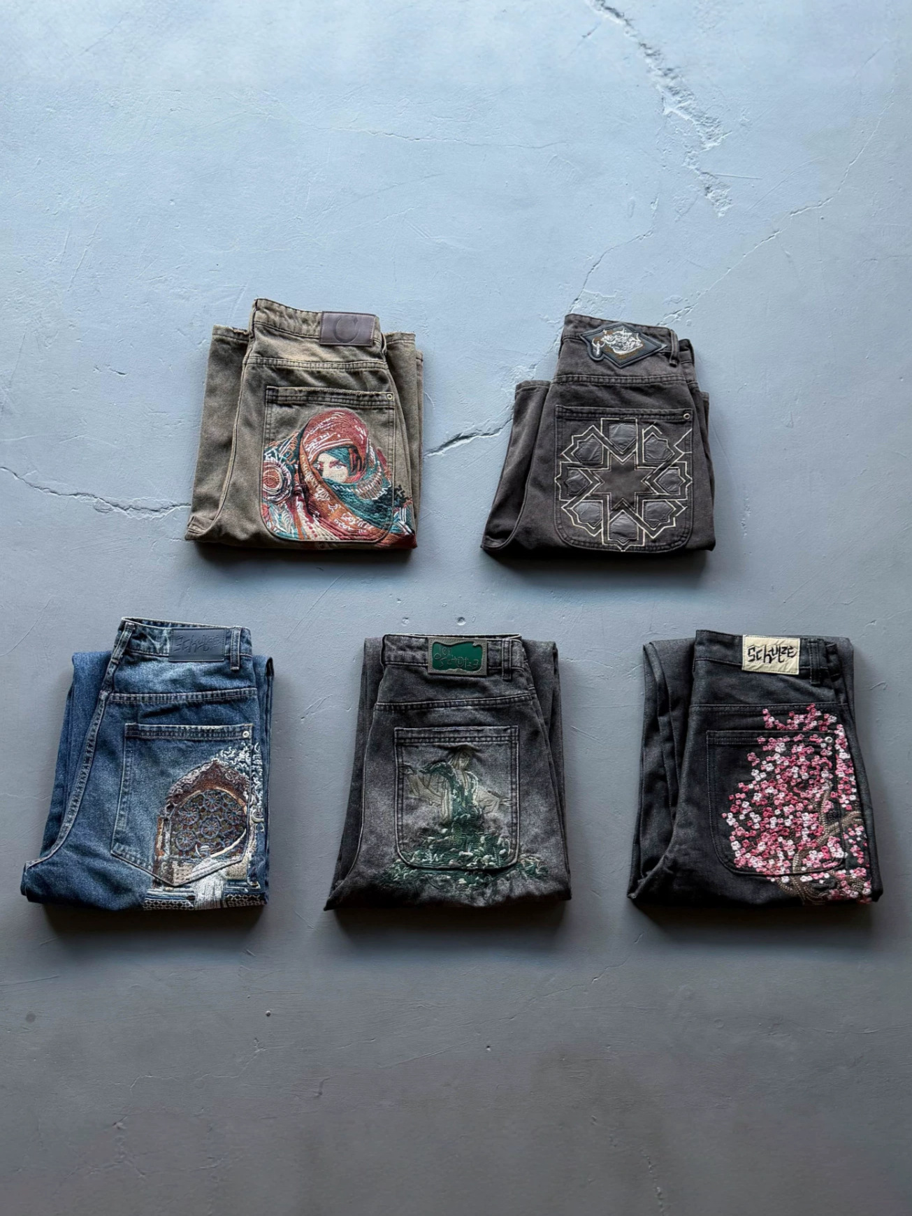 Derschutze Chrome Cool Style American Heavy Embroidery Statue Straight Jeans Men's Trendy Pants