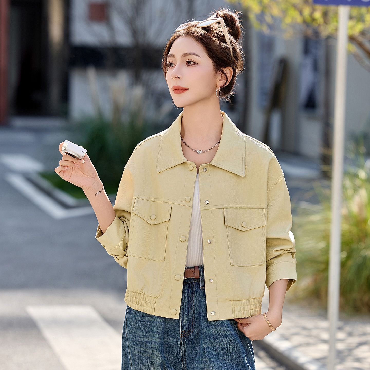 Authentic Haining Leather Jacket, Korean Style, Fashionable Loose-Fit Sheepskin, Hong Kong Style Casual Leather Jacket, Trendy Biker Coat