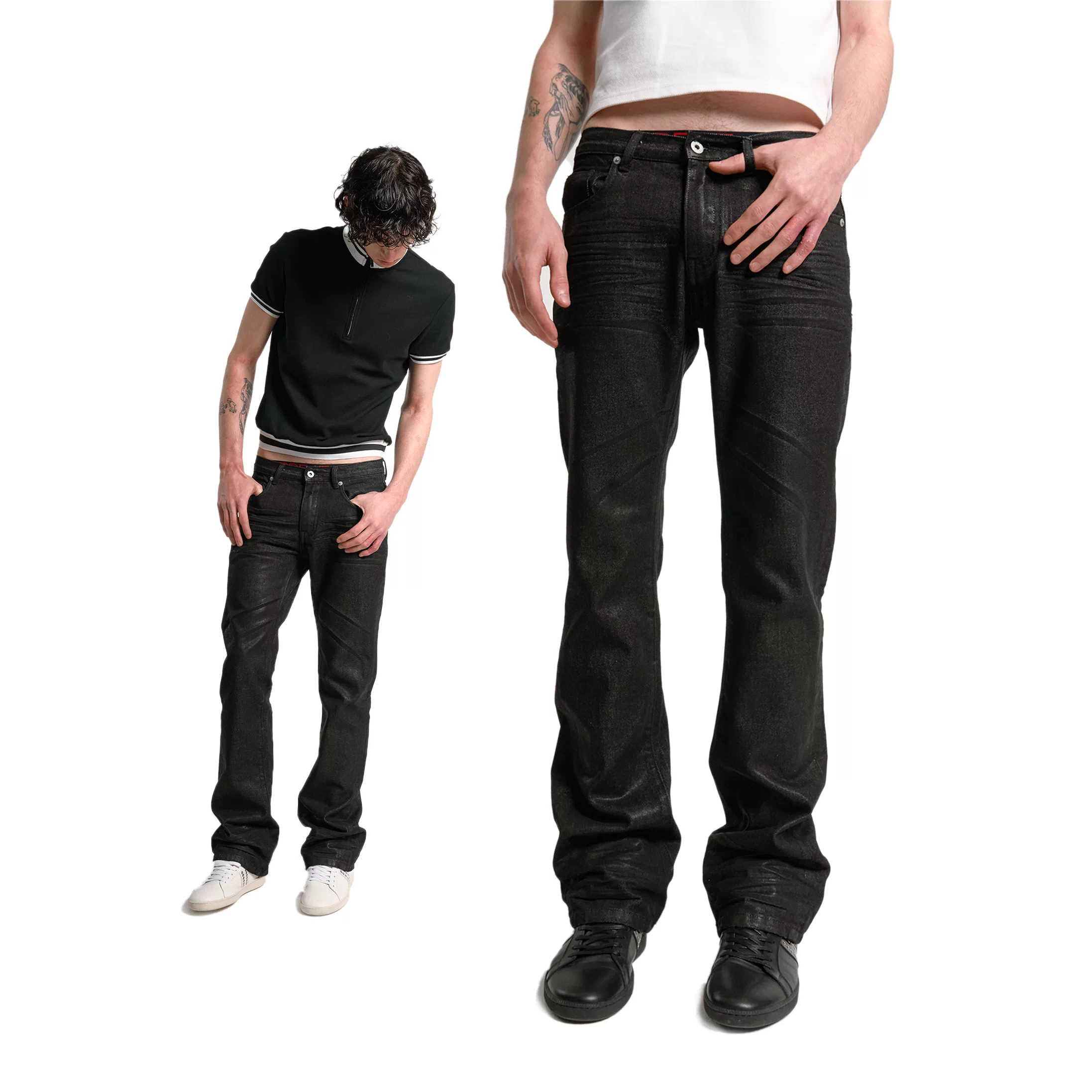 No E mosen (noE) Wax coated pleated cat whiskers fit straight tube micro flared 13 ounce jeans