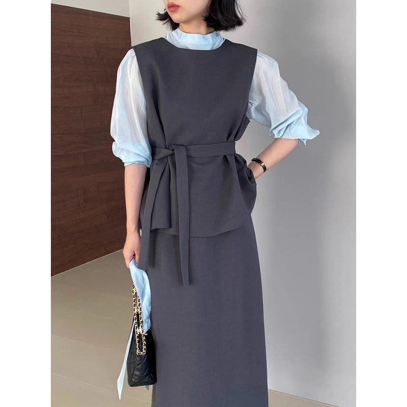 Gray Suit Suit Skirt Women's Spring & Fall Vest Jacket Mid-Length Skirt Light Blue Ribbon Shirt Three-Piece Set