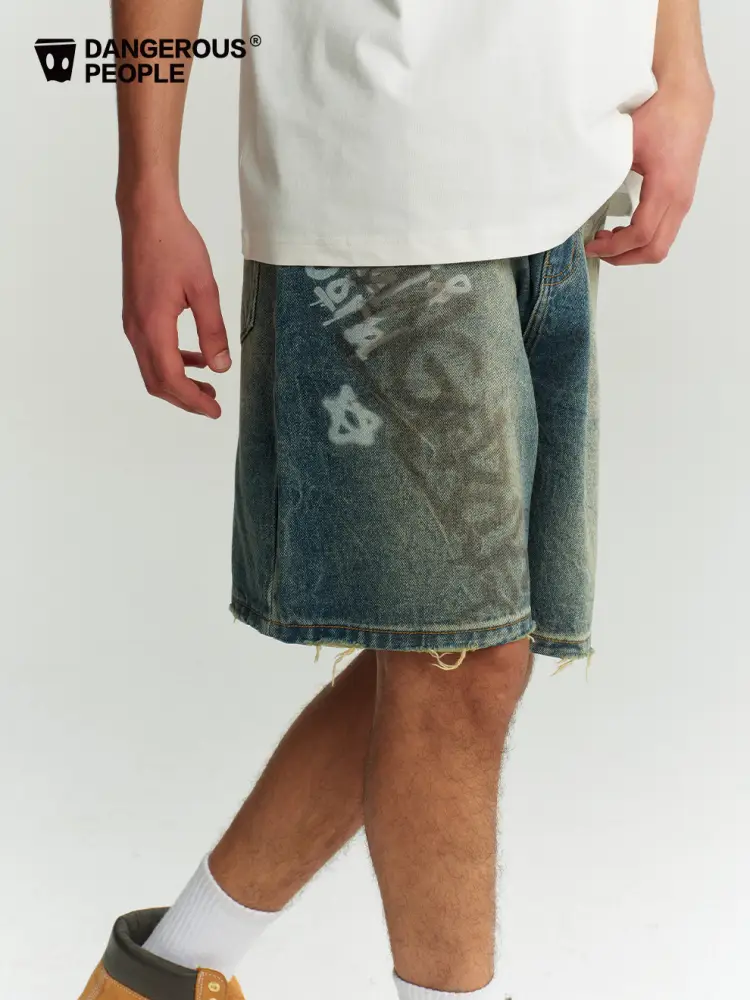 Dangerouspeople Joker Xue Dsp Graffiti letter Denim shorts Trendy Distressed Retro Quarter Pants