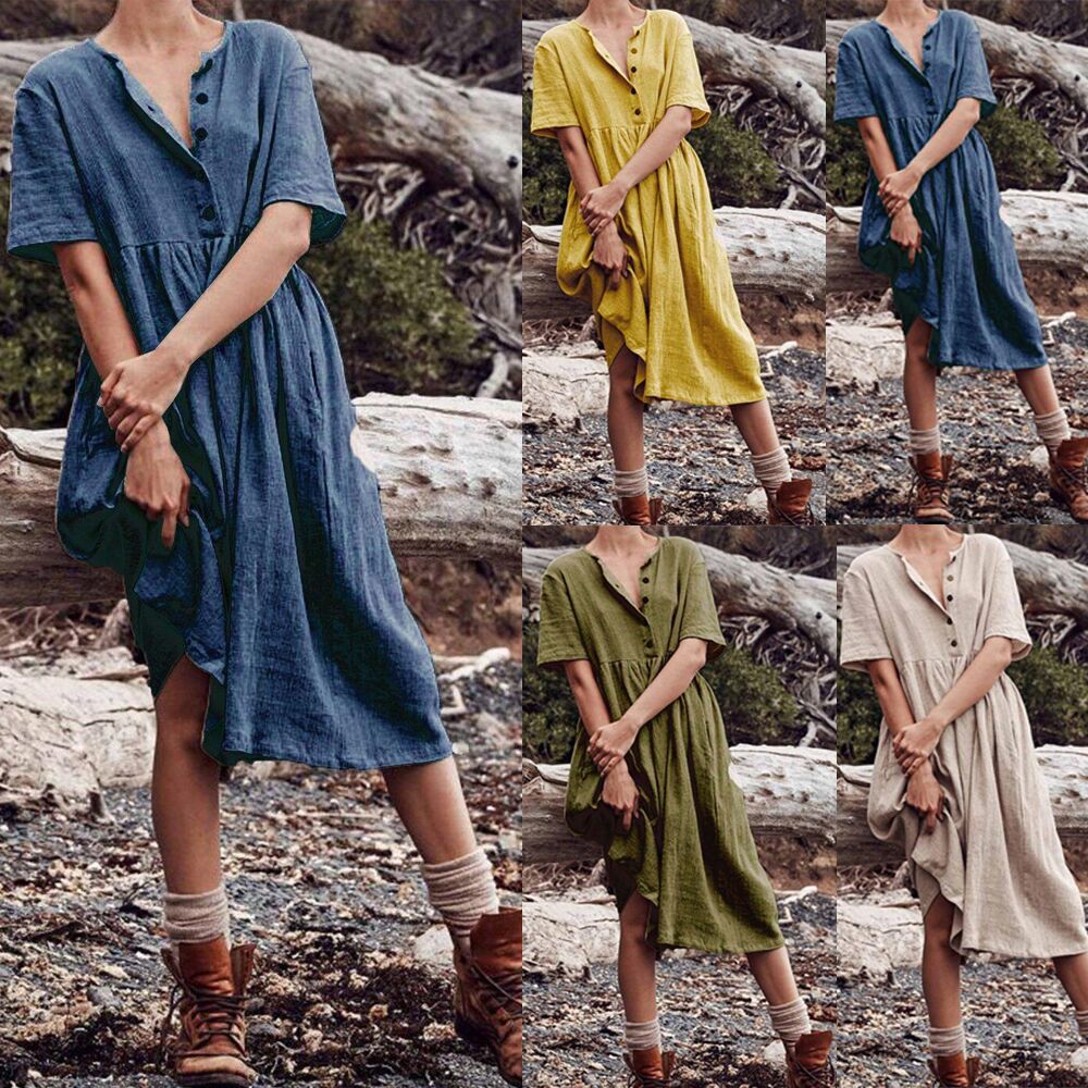 Amazon AliExpress popular 2019 summer European and American women's clothing new solid color short sleeve cotton linen dress large swing skirt