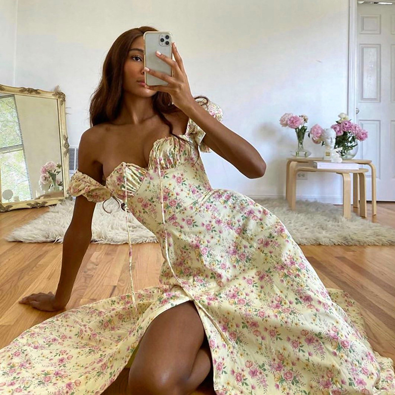 European and American Clothing Long 2025 Women's New Skirt Summer Short-Sleeved French Fresh Floral Skirt Square Collar Dress