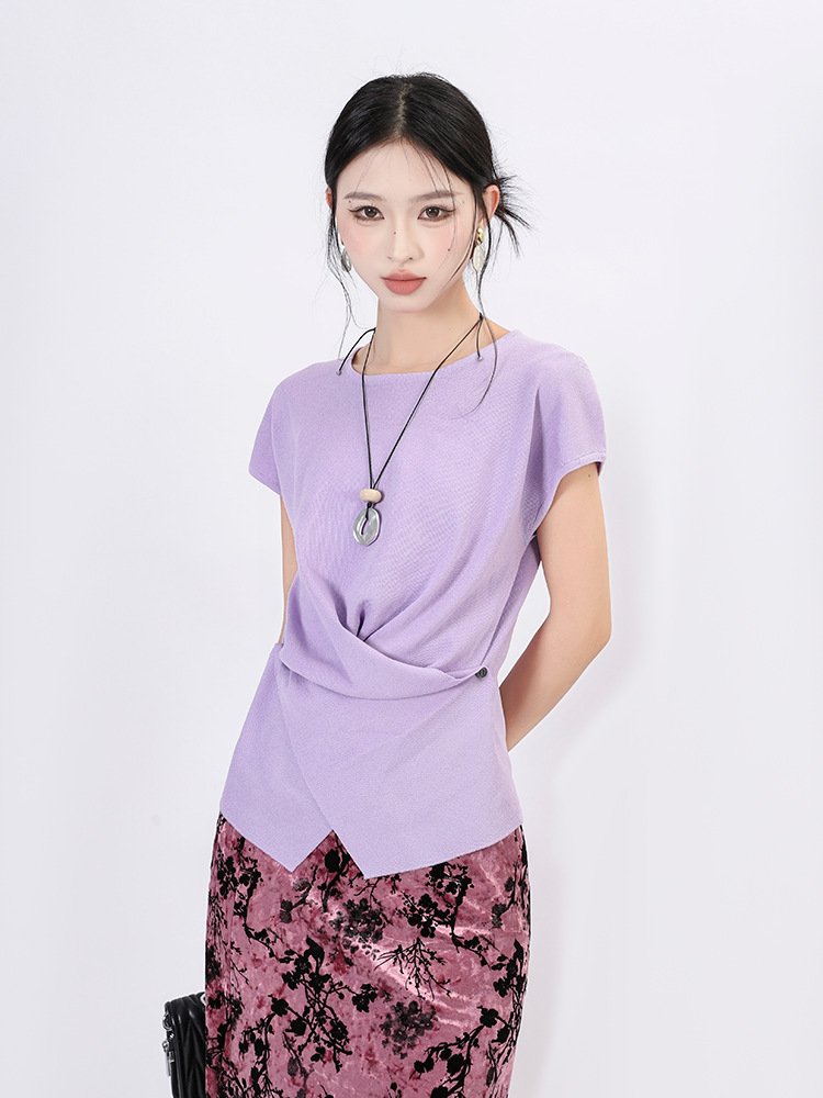 Feiyuan Waist-Cinching Cross-Button Knit Sweater for Women, Comfortable Soft and Stylish Pullover Round-Neck Top with Flutter Sleeves